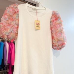 Entro White Top with Pink Floral Sleeves